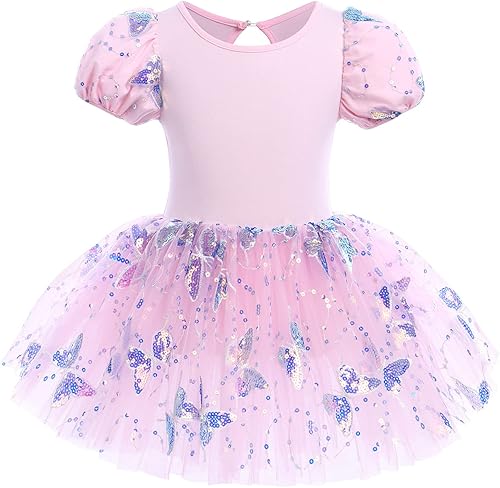 Leotardos de ballet para niñas, 4 colores, mariposa, lentejuelas brillantes, vestido tutú de baile, manga abombada, ojo de cerradura en la espalda,