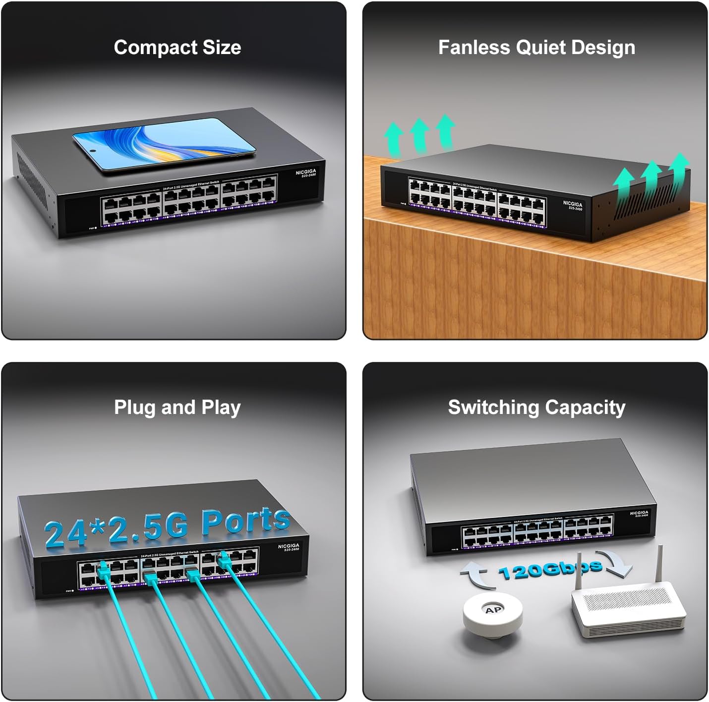 NICGIGA 24 Port 2.5Gb Ethernet Switch rear view ar jaudas ieeju