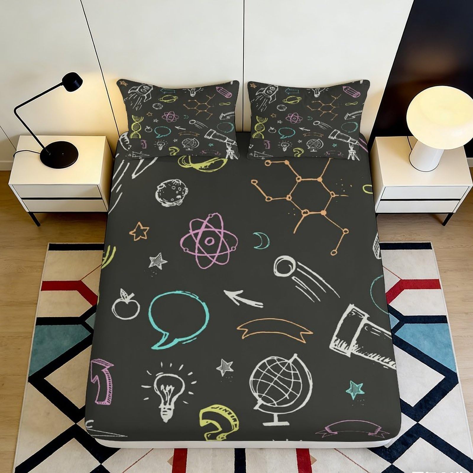 3D Printed Science Chalkboard Fitted Sheet Microfiber Colorful Doodle Bed Cover Anti-Slip Bedroom Decor Mattress Protector 90x200x25cm