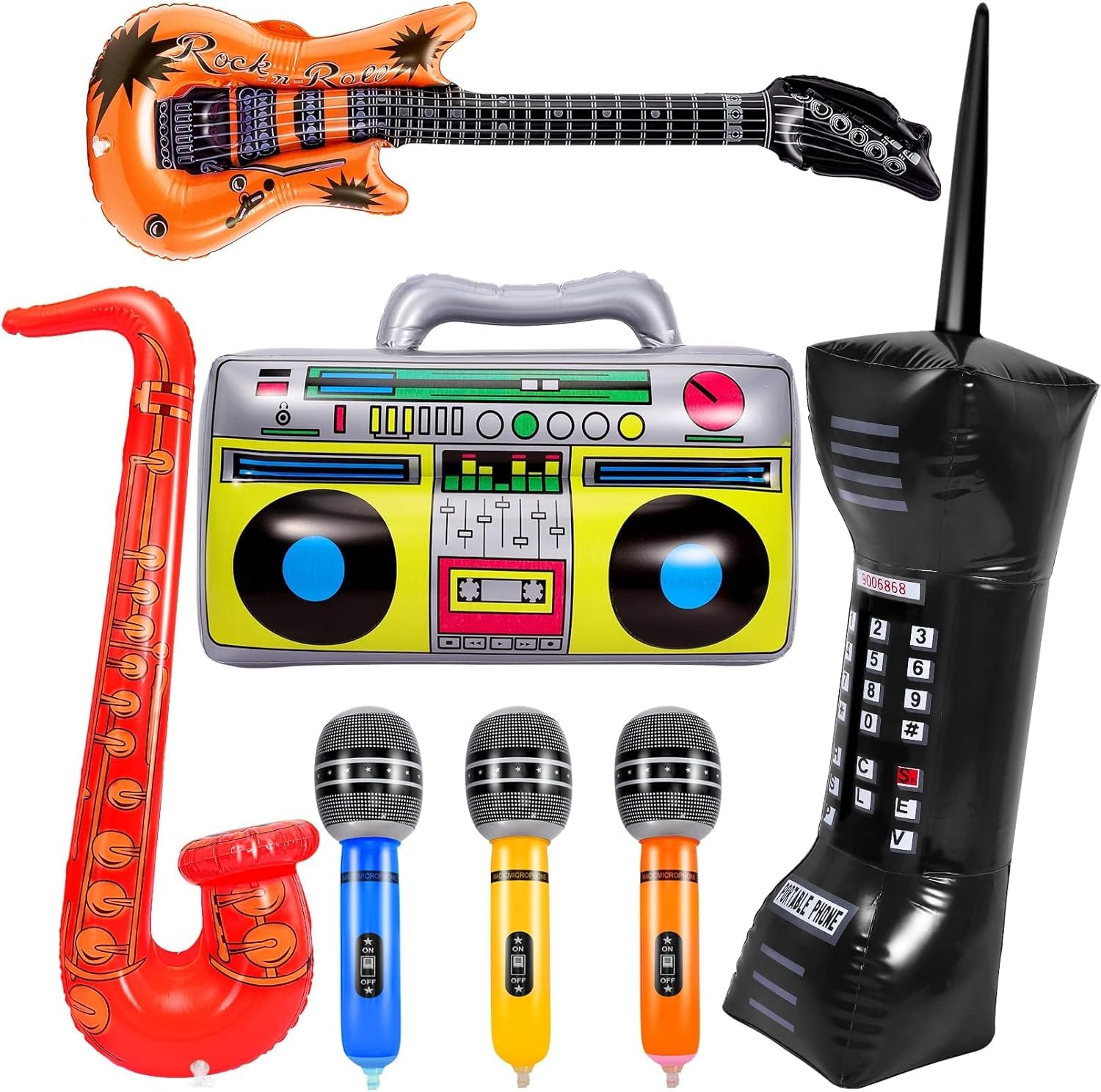 ausurme 7Pcs Inflatable Rock Star Party Props,Inflatable Guitar Mobile Phone Boombox Microphones Instruments for 80's 90's Theme Party Decorations,Rock and Roll Hip Hop Theme Party Favors