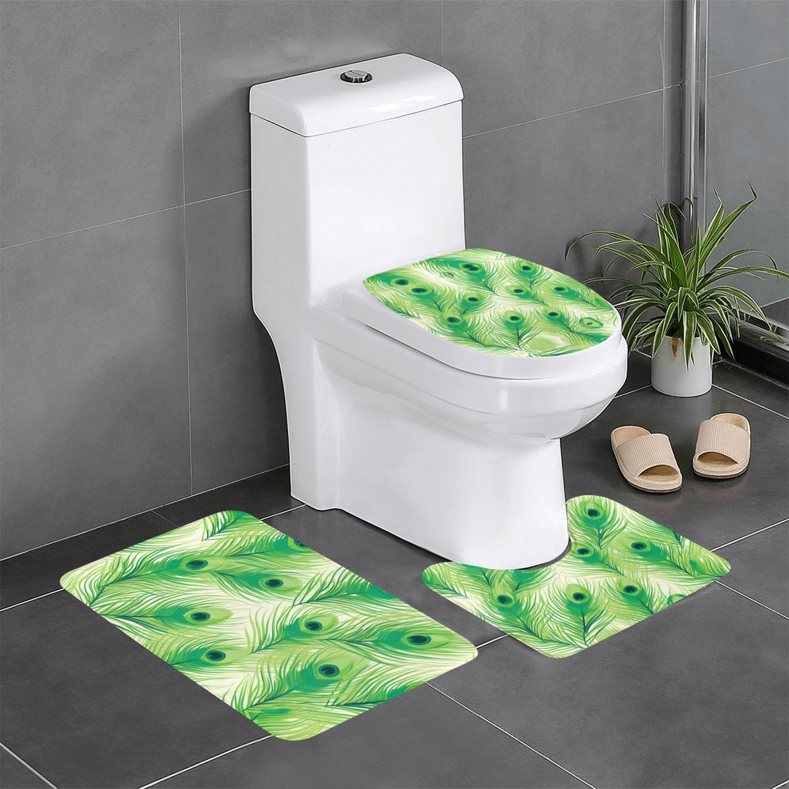 Tapis de bain paon vert lot de 3 antidérapants 61x40cm pour WC