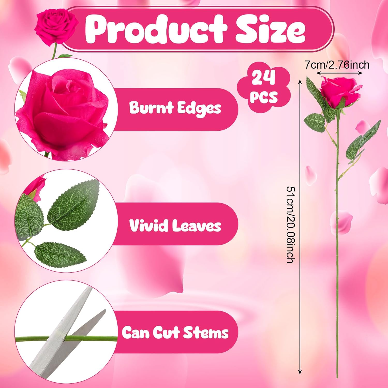 24 Pcs Hot Pink Rose Artificial Flowers with Long Stem Real Touch Silk Roses Bulk for Wedding, Party, Table Centerpieces Bright Pink Bouquet, Bridal, Home Decor - Image 5
