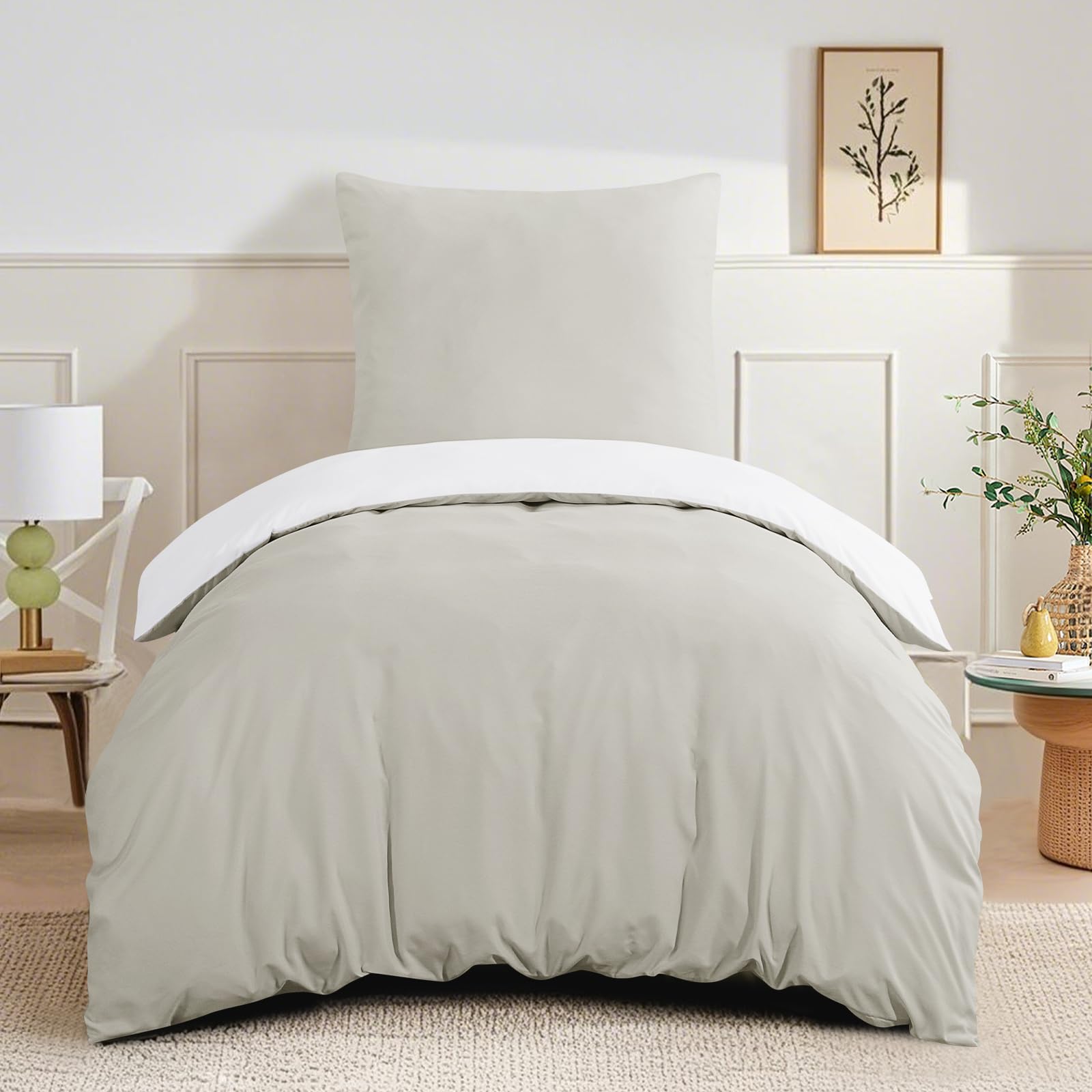 RUIKASI Bettwäsche 155x220 Beige Weiß 2teilig - Wendebettwäsche Bettbezug 155 x 220 mit Reißverschluss, Oeko-TEX Mikrofaser Bettwäsche Sets, Weich und Bügelfrei