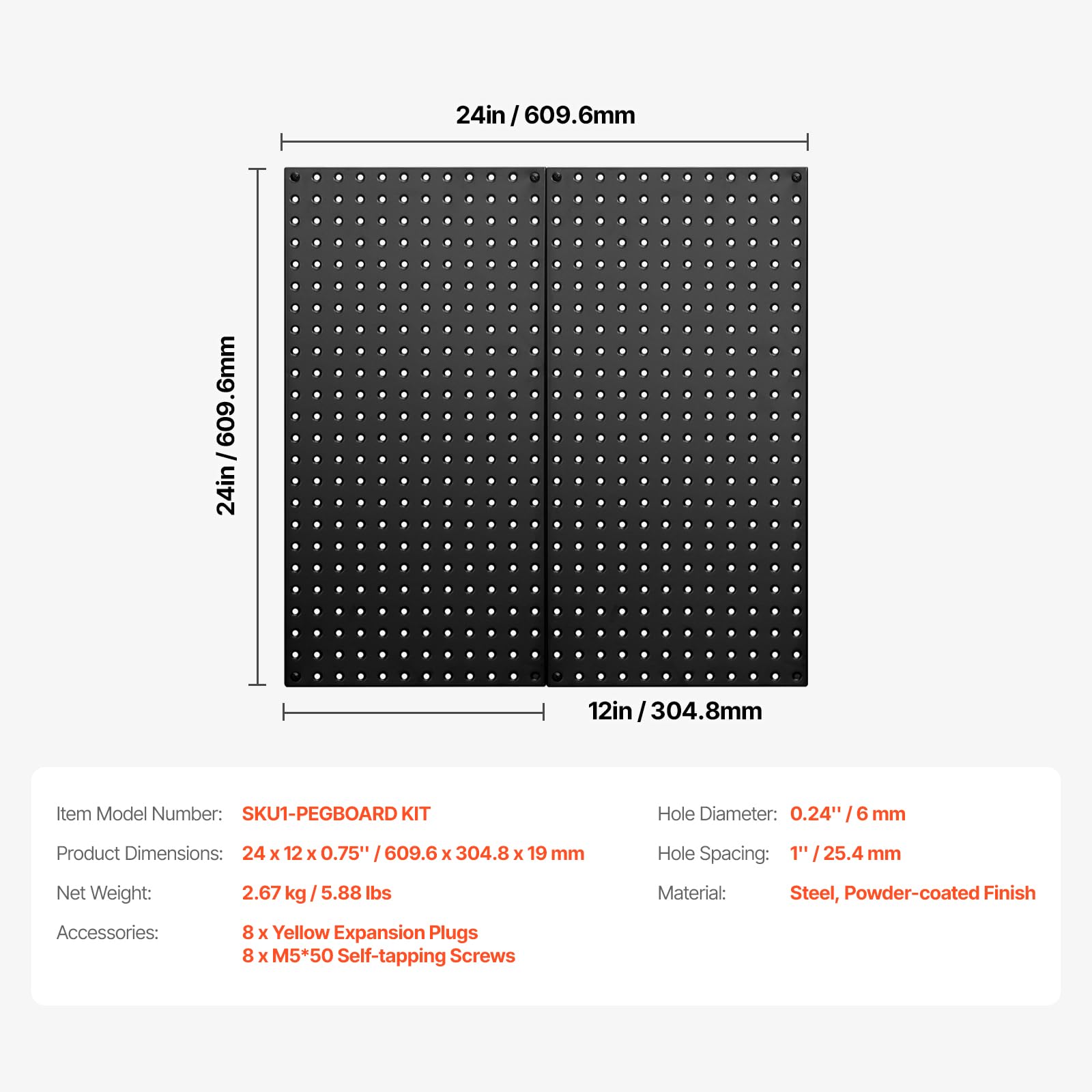 VEVOR Paneles Perforados de Metal de 609,6 x 304,8 x 19 mm 2 Paneles, Organizador de Pared de Acero Resistente, para Sala de Estar, Almacenamiento de Herramientas, Sala de Manualidades, Negro