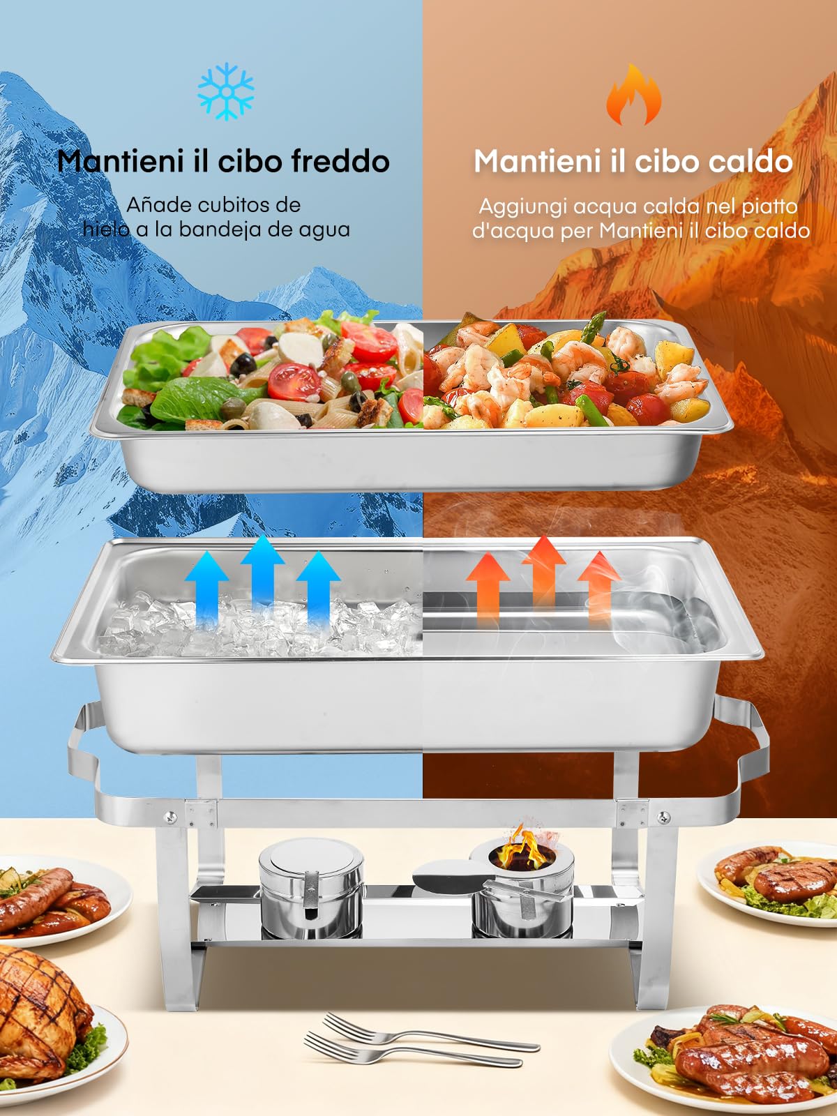 Scaldavivande per Buffet in Acciaio Inox, 4 Pezzi Chafing Dish Buffet, 9L Scaldavivande Rettangolare con Coperchio, per Catering, Feste, Buffet, Matrimoni (2×GN1/1+2×GN1/2+4×GN1/4)