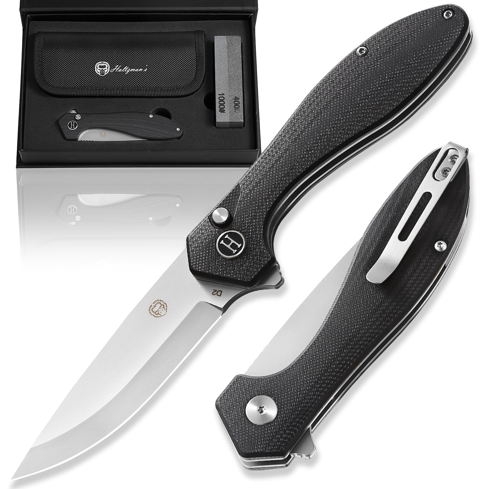 Holtzman's Gorilla Survival Mens Folding Pocket Knife Set D2 Steel Blade G10 Handle Pocket Knife EDC Gift set for Men (sandblasted blade+black G10 handle)