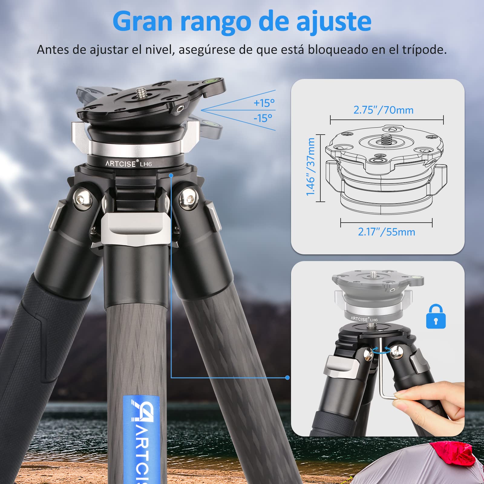 ARTCISE LH6 Base de nivelación, Perilla de Bloqueo ergonómica +/-15° Ajuste Horizontal Cabezal de trípode Cabezal de monopié para cámara Canon Nikon Sony DSLR, Carga máxima 20 kg