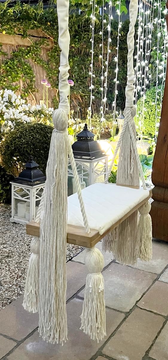 Huśtawka Bocianie Gniazdo - Siedzisko Huśtawki do Montażu Sufitowego, na Balkon, do Ogrodu i Salonu, Regulowana Wysokość, Miękki Welur, Wygodne Siedzisko, 58 x 25 x 4 cm, Ecru