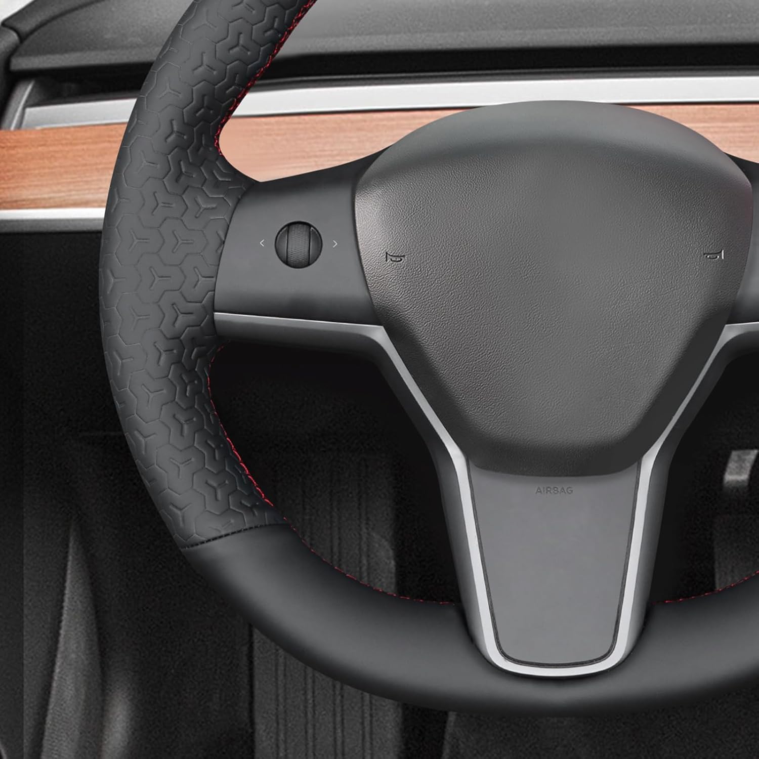 MEWANT Hand Stitch Black Geometric Embossed Faux Leather Steering Wheel Cover for Tesla Model Y 2023 Model 3 2017-2023