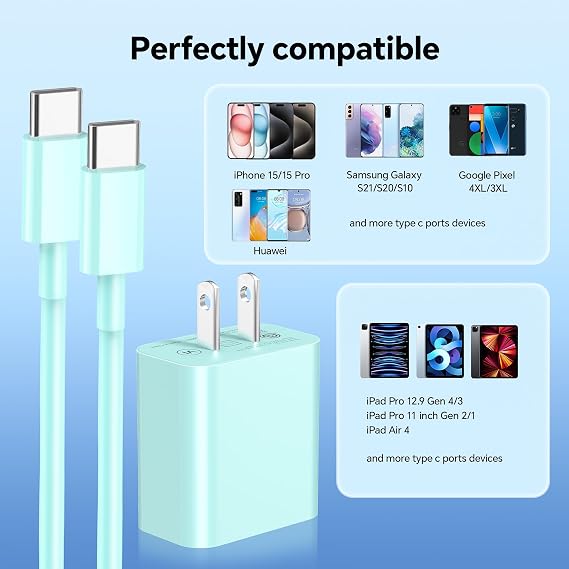 Compatible with iPhone Charger Fast Charging,20W USB C Charger Block with 60W USB C to C Cable 6FT, Type C Cord Compatible with iPhone 17/16/15 Plus/Pro Max/Pad Pro/Samsung S23/Android, Blue