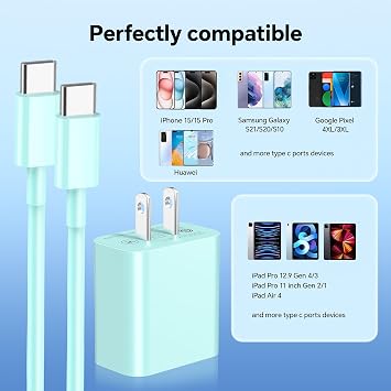 Compatible with iPhone Charger Fast Charging,20W USB C Charger Block with 60W USB C to C Cable 6FT, Type C Cord Compatible with iPhone 17/16/15 Plus/Pro Max/Pad Pro/Samsung S23/Android, Blue