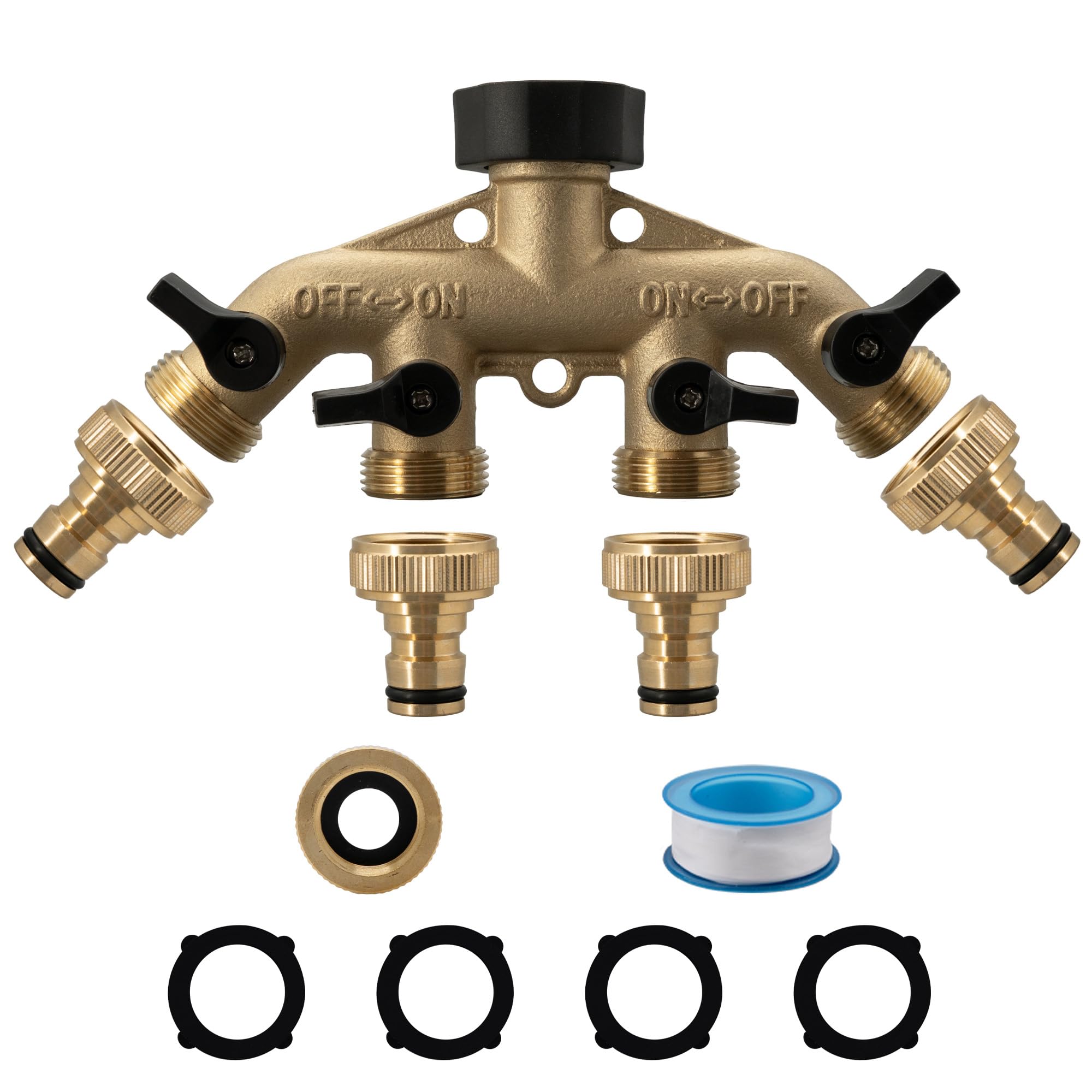 VANCOCO 4-Wege Wasserverteiler 3/4 Zoll Messing mit Schnellkupplung und 1/2 Zoll Adapter, Gartenschlauch Verteiler für Bewässerungssystem, Hochfester Wasseranschluss Adapter