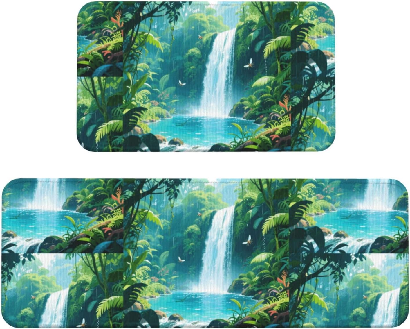 Rainforest Pool Kitchen Rugs Set of 2, Cushioned Anti-Fatigue Kitchen Mats for Floor, Waterproof Comfort Standing Mat Absorbent Velvet Kitchen Runner Rugs 17"x30"+17"x47"