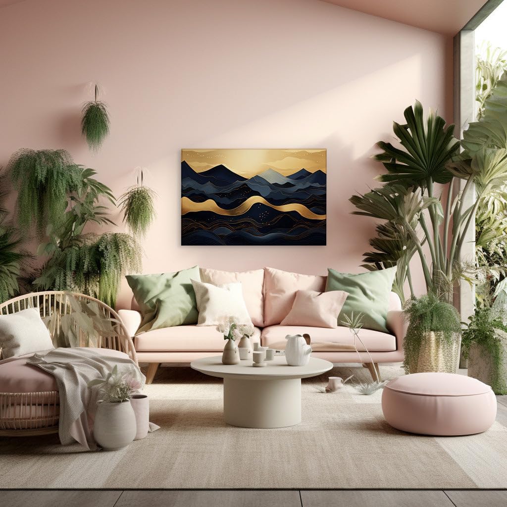 Canvas for Living room. Golden Serenity Amongst Digital Peaks: A Vision in Blue and Gold, 27 x 18 inch Canvas Wall Art - Contemporary Masterpieces - Modern Home Decor - 69x46 cm (27x18 inch)
