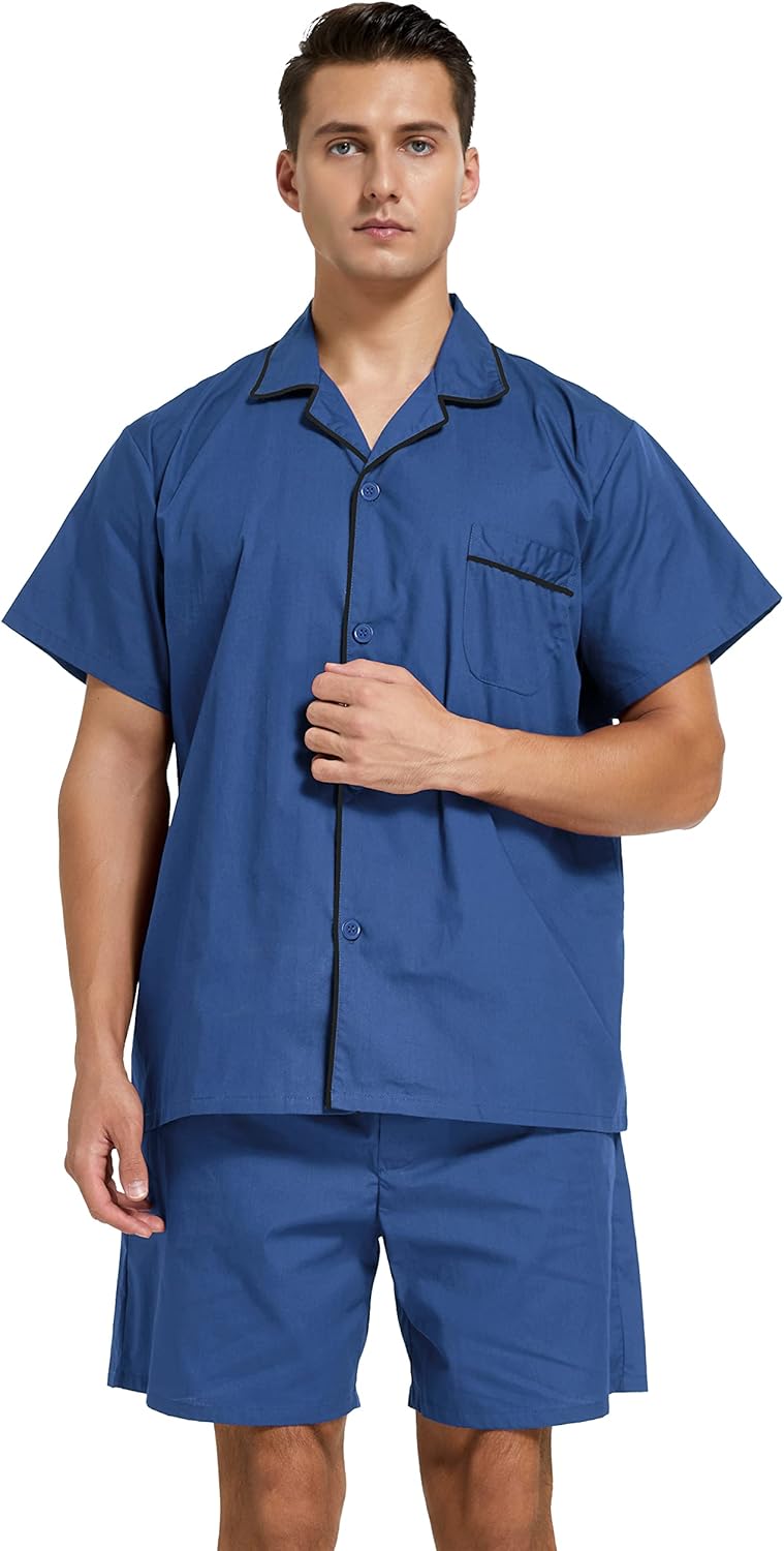 Mens Cotton Pajamas Short Sleeve Pajama Set Woven Sleepwear Loungewear Nightwear - Image 3