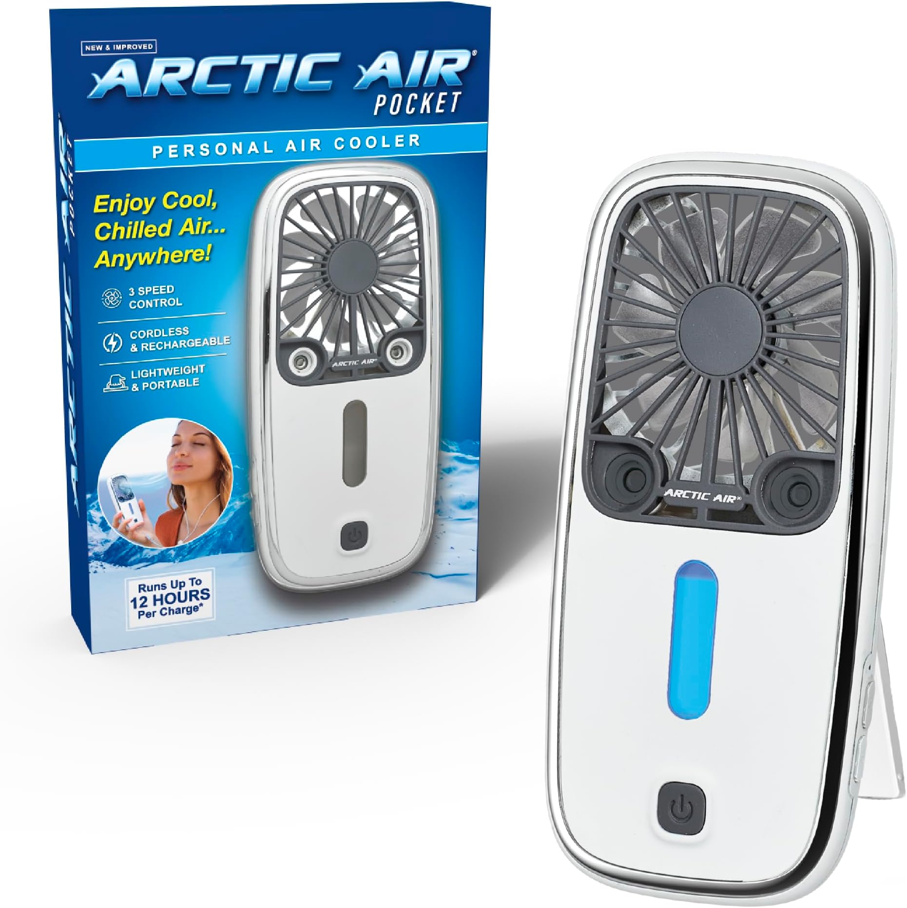 Arctic Air Pocket Small Portable Fan, Powerful, Personal Air Cooler with 3 Adjustable Speeds, 12-Hour Battery Life, Hand Fan for Indoor and Outdoor Use
