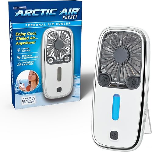 Arctic Air Ventilador portátil pequeño de bolsillo, potente enfriador de aire personal con 3 velocidades ajustables, duración de la batería de 12