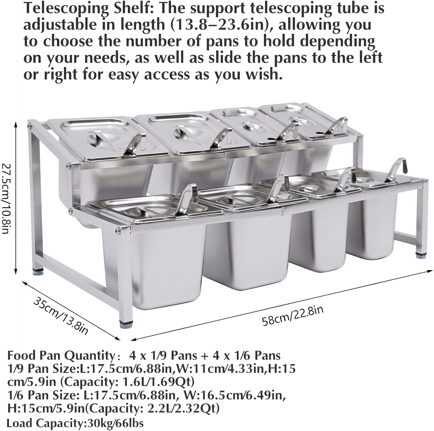 Telescoping Pizza Topping Station Container Food Prep Condiment Dispenser with 8 Pans & Lids, Stainless Steel Container Set Ingredients Holder Spice Organizer Rack for Kitchen Restaurants Buffet