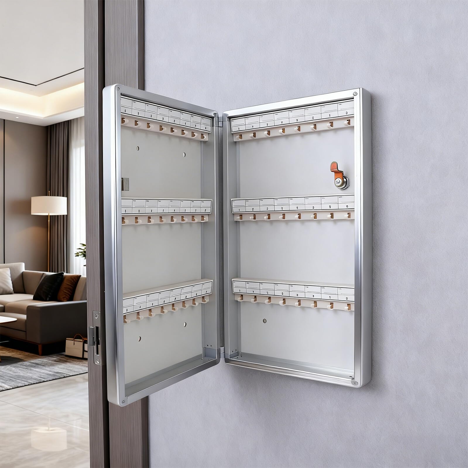 Armoire à Clés Murale Verrouillable pour 48 Clés, Crochets et Étiquettes | Alliage D'aluminium, Mdf et Abs, Boîtier Argenté, pour Entrées D'appartement et Usage Intérieur