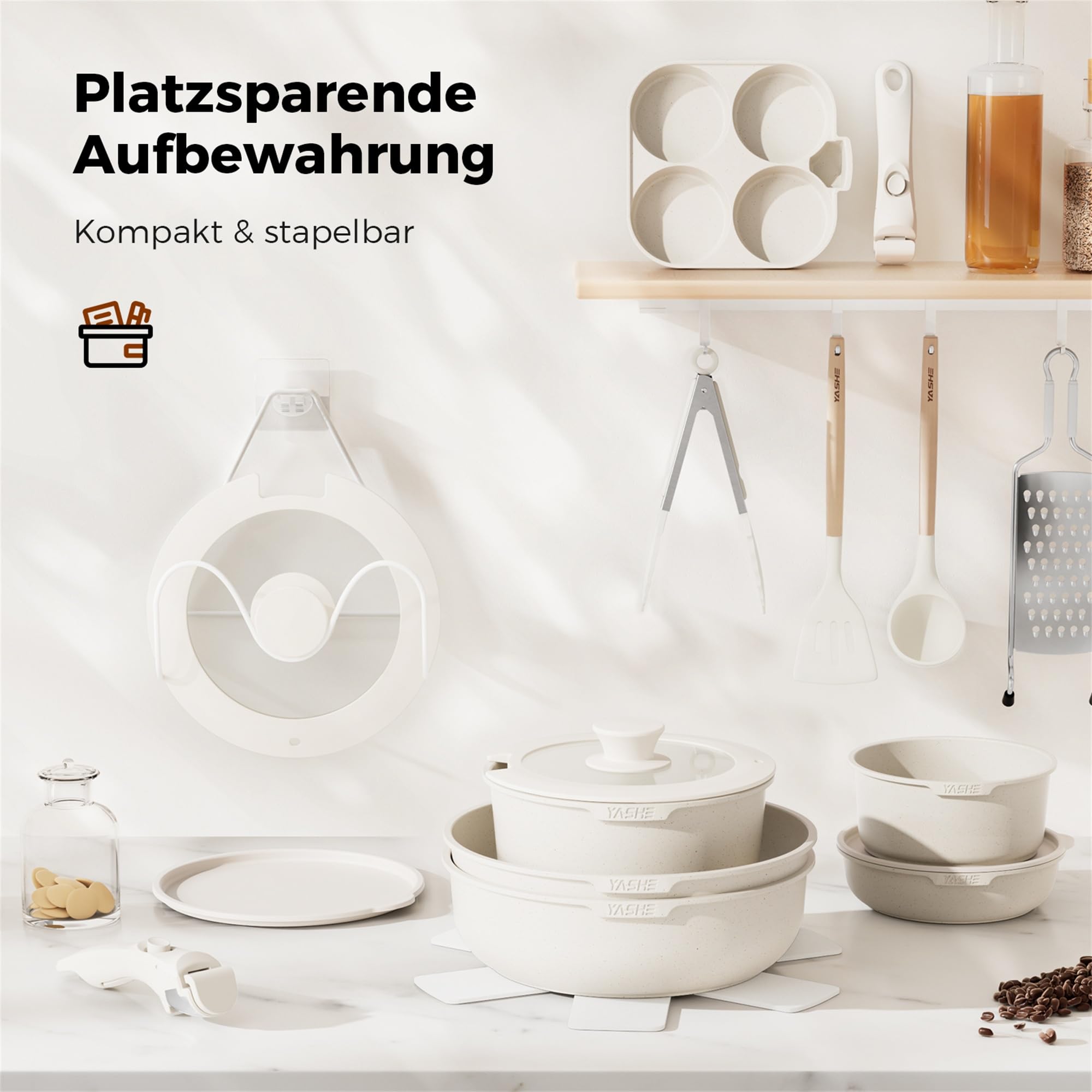 YASHE 20-teiliges Kochgeschirrset, Induktion, ungiftig, PTFE- und PFAS-frei | Zwei abnehmbare Griffe und Eierpfanne mit 4 Mulden; Kochgeschirrkörper ohne Griffe backofengeeignet; für alle Herdarten