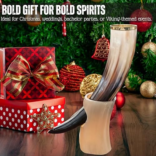 Miniatura 5 de Taza de cuerno de buey real con soporte Viking estilo antiguo cerveza vino Mead taza regalo