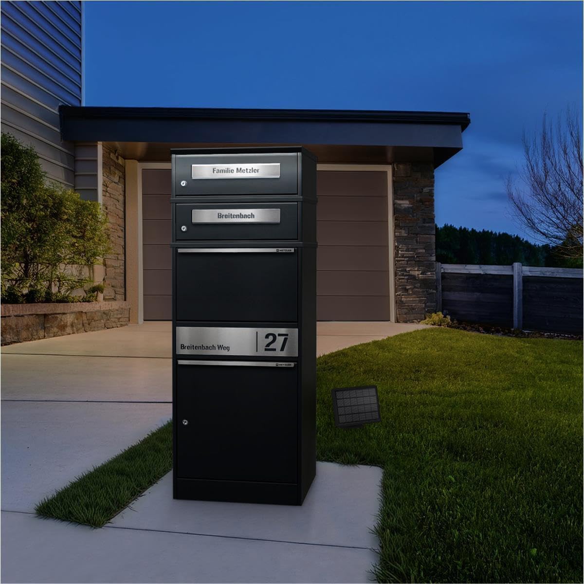 LED Illuminated Parcel Letter Box with Name Engraving, Solar Powered and Lockable, Black with Engraving, Weatherproof and Freestanding, with Two Letter Boxes, Space Saving for DHL M Parcels