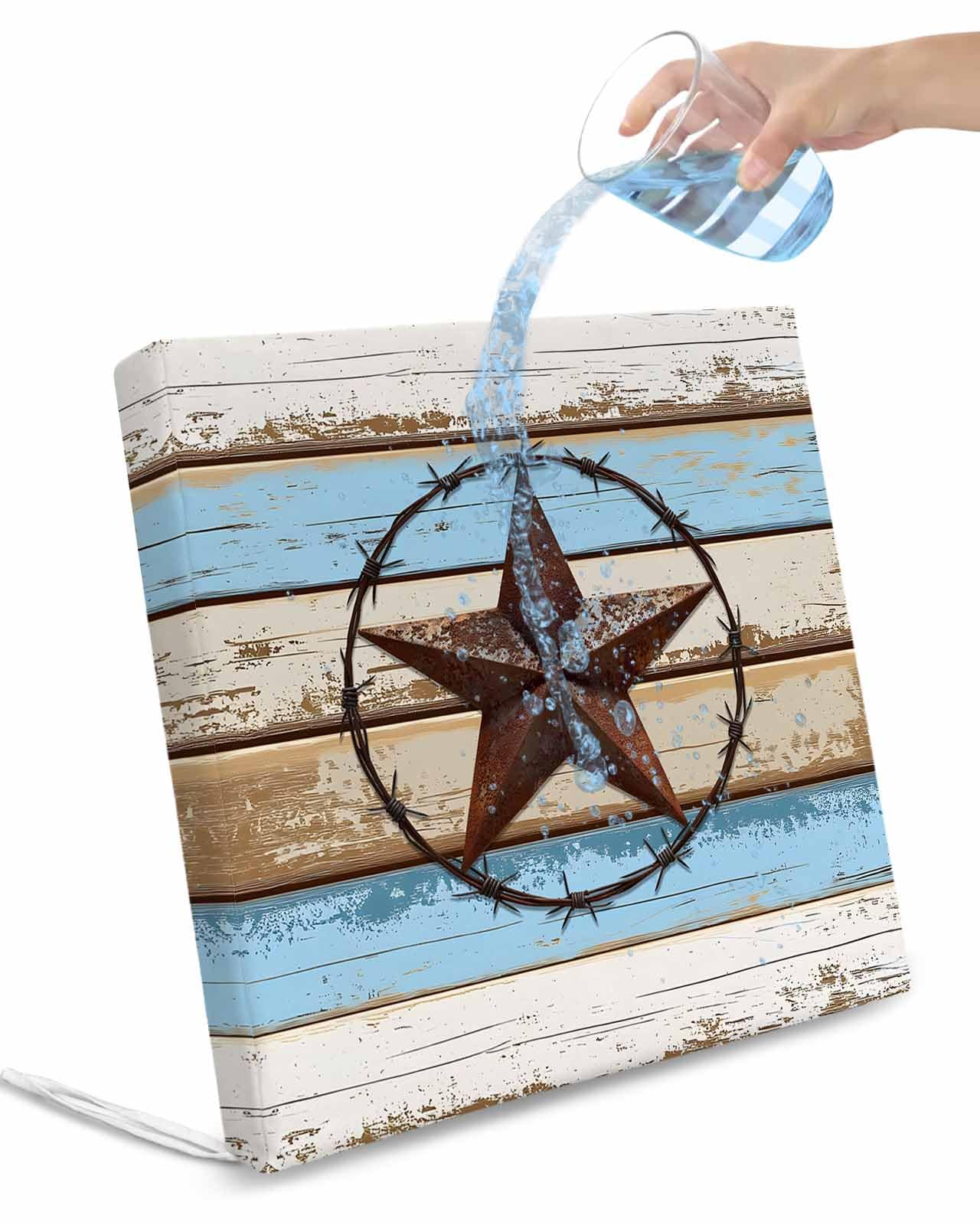 Hokiten Beige Blue Brown Star Outdoor Cushion Chair Cover Set of 4 - Waterproof Couch Seat Covers, Texas Star Wooden Vintage Patio Furniture Protector Cushions Slipcovers for Sofa/RV, 22