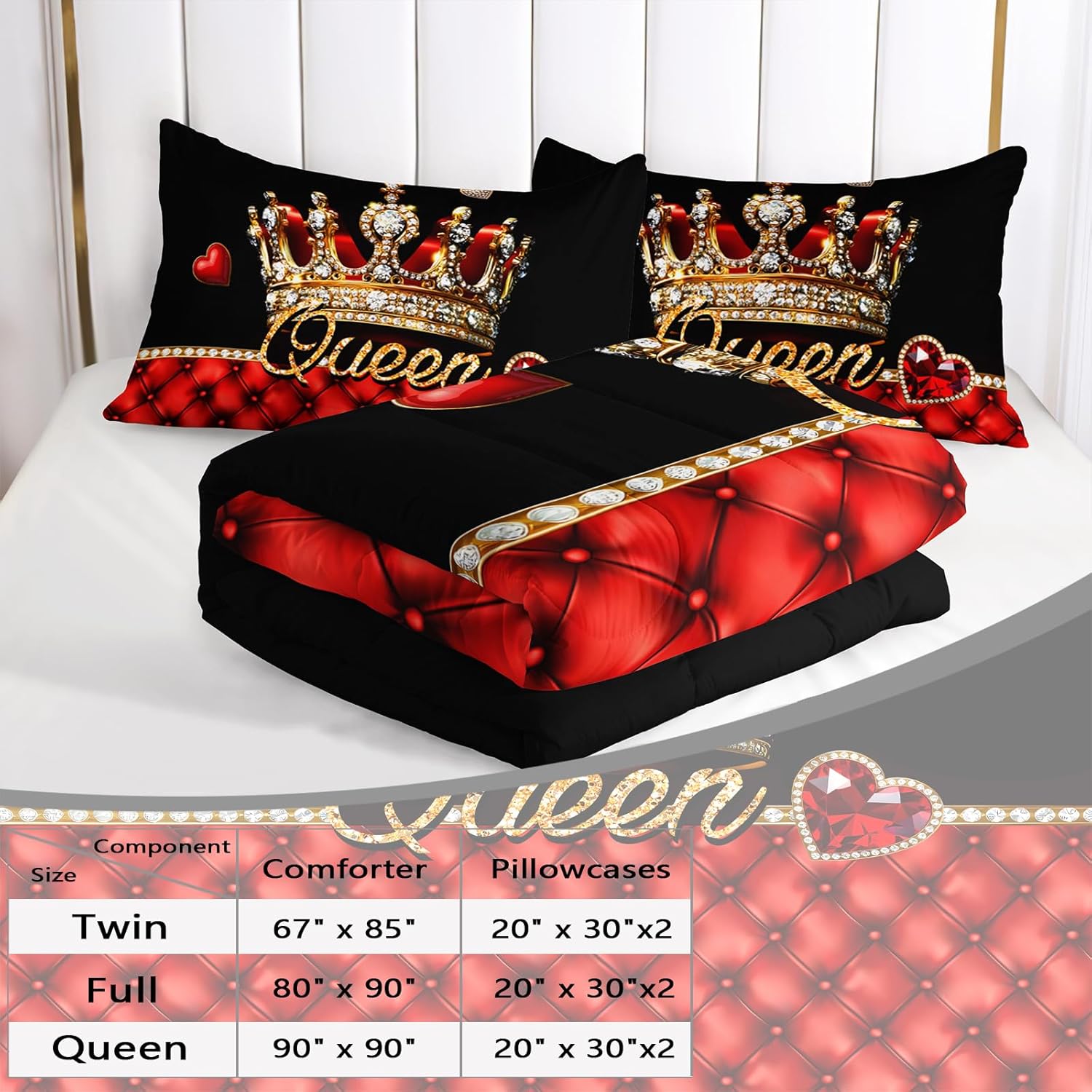 AILONEN Girls Red & Black Bedding Set Queen Size,3-Piece Gold Queen Crown Printed Women Duvet Set,3D Diamond Crown Comforter with 2 Pillowcases