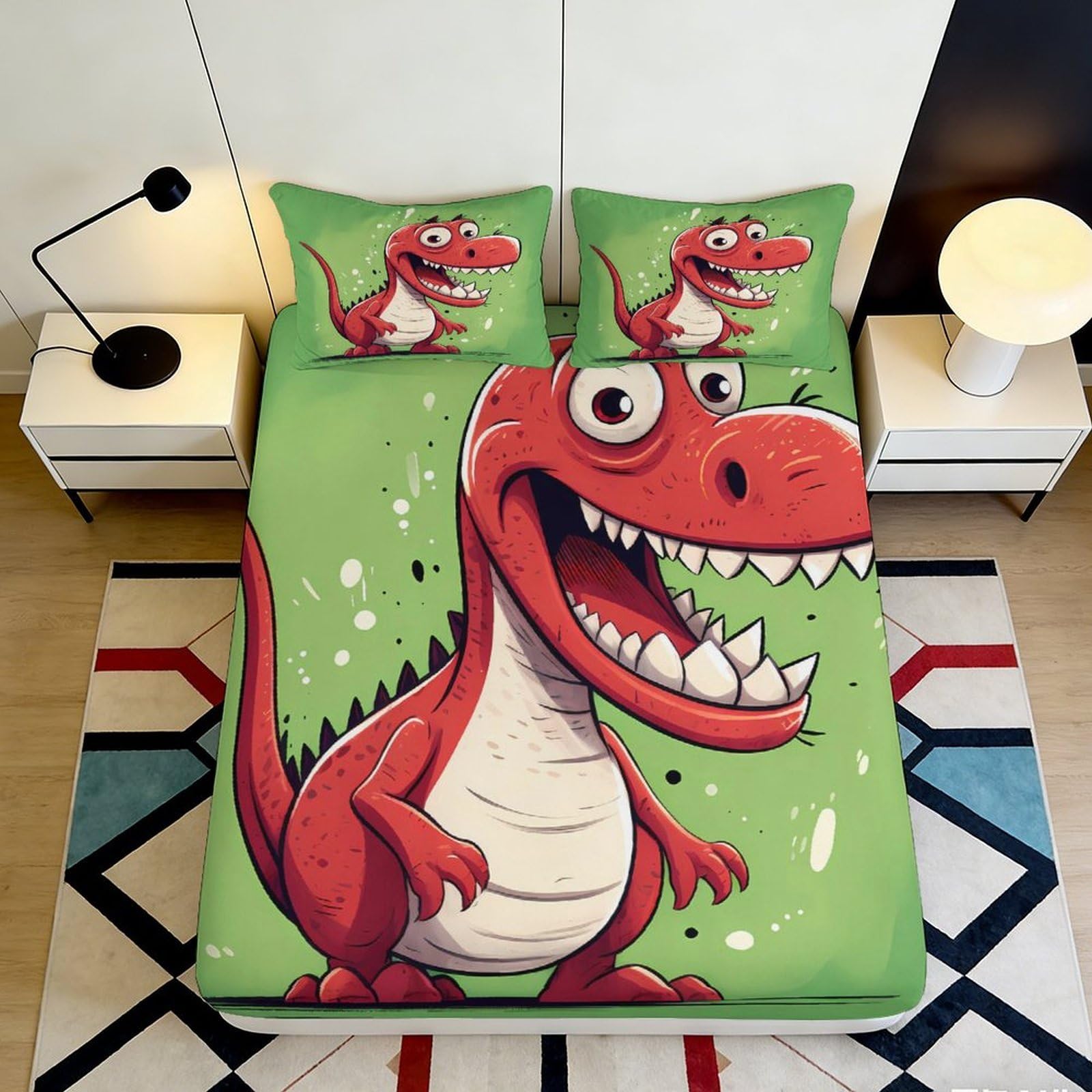 3D Printed Red Cartoon Dinosaur Fitted Sheet Microfiber Soft Breathable Green Dino Mattress Cover for Bedroom Dorm Mattress Protection Decor 90x200x25cm
