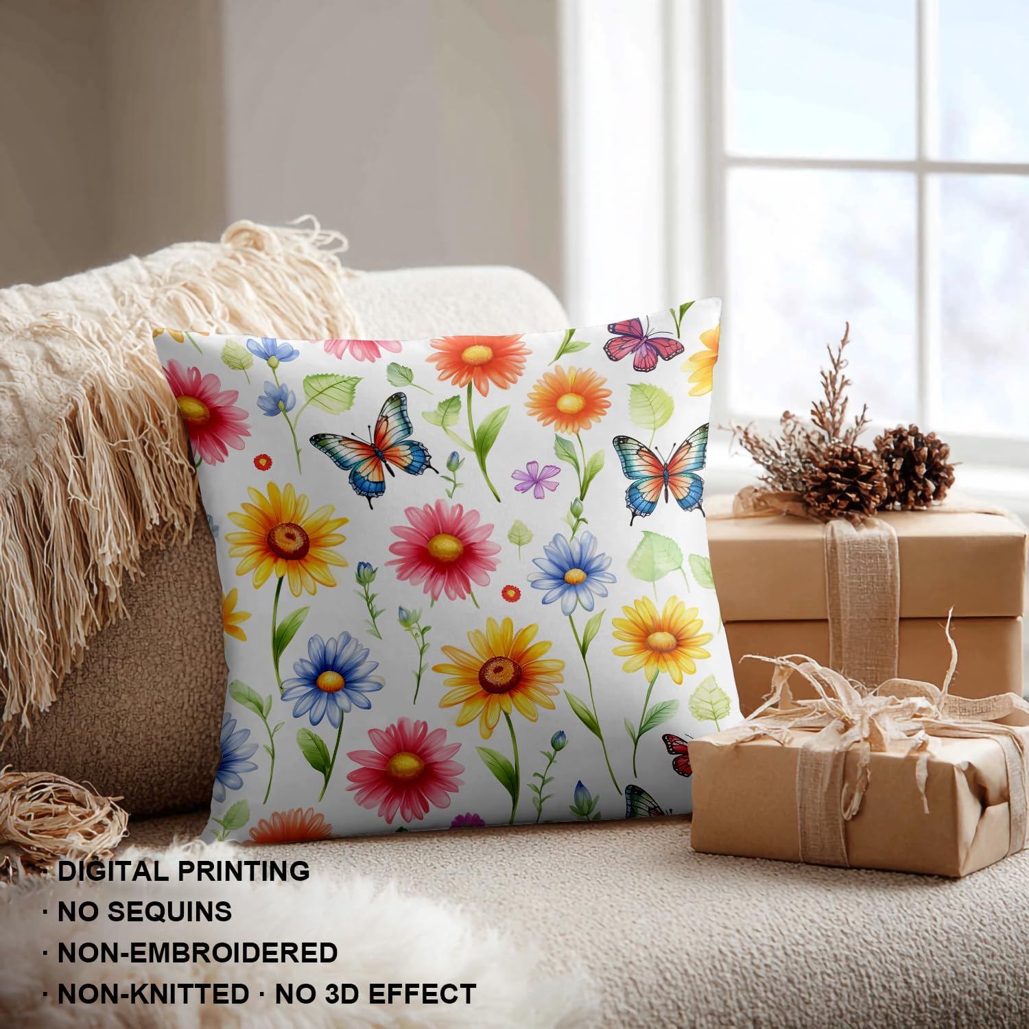 Shrahala Flowers Butterflies Decorative Throw Pillow Cover, Colorful Flowers with Butterflies Square Pillowcase Blended Double-Sided No Inserts for Bedroom Living Room Set of 2 (26 X 26 in)