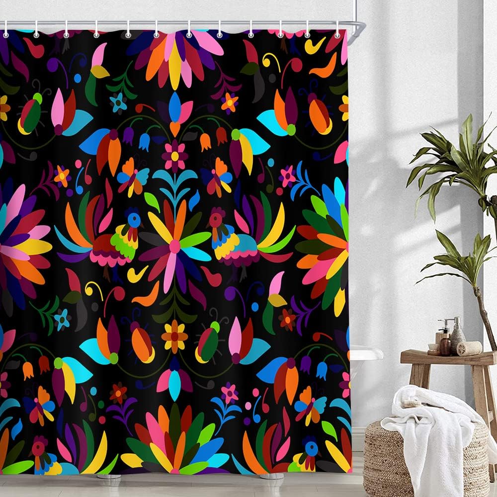 Mexico Floral Shower Curtain, Traditional Mexican Blue Bird Otomi Style Black Boho Fabric Waterproof Colorful Shower Curtain, Ethnic Teal Green Flower Boho Floral Bathroom Accessory Sets, 69X75in