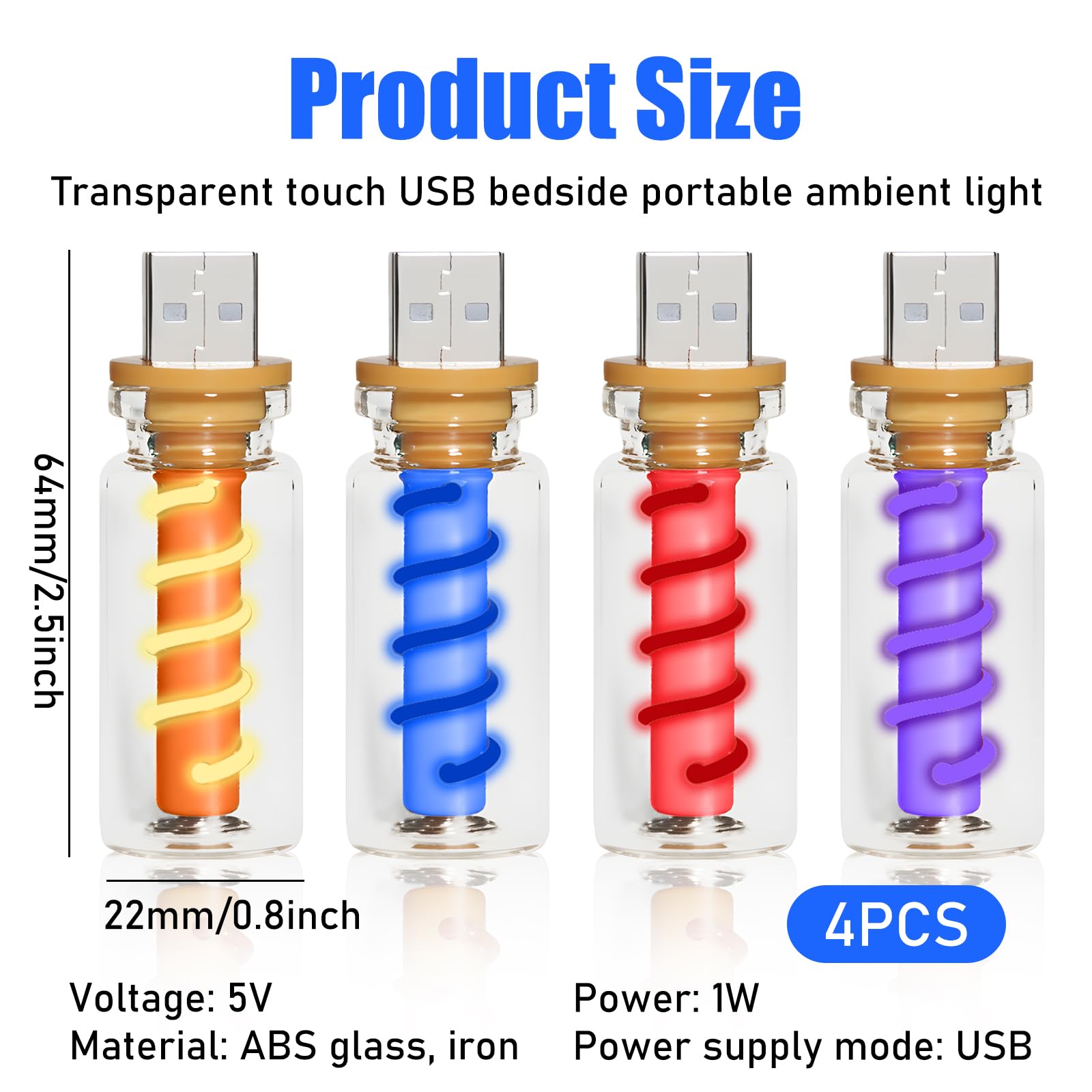 4 luci notturne a LED USB, mini luce LED per auto, dimmerabile, lampada USB con touch, retro USB, luce notturna in vetro trasparente, luce notturna bianca calda, rosso, blu, viola