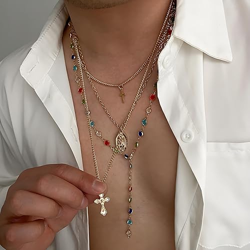 Miniatura 4 de Collares de cruz en capas de oro para mujer, 4 piezas, gargantilla apilable, vintage, colgante de cruz con diamantes de imitación, collar de Virgen
