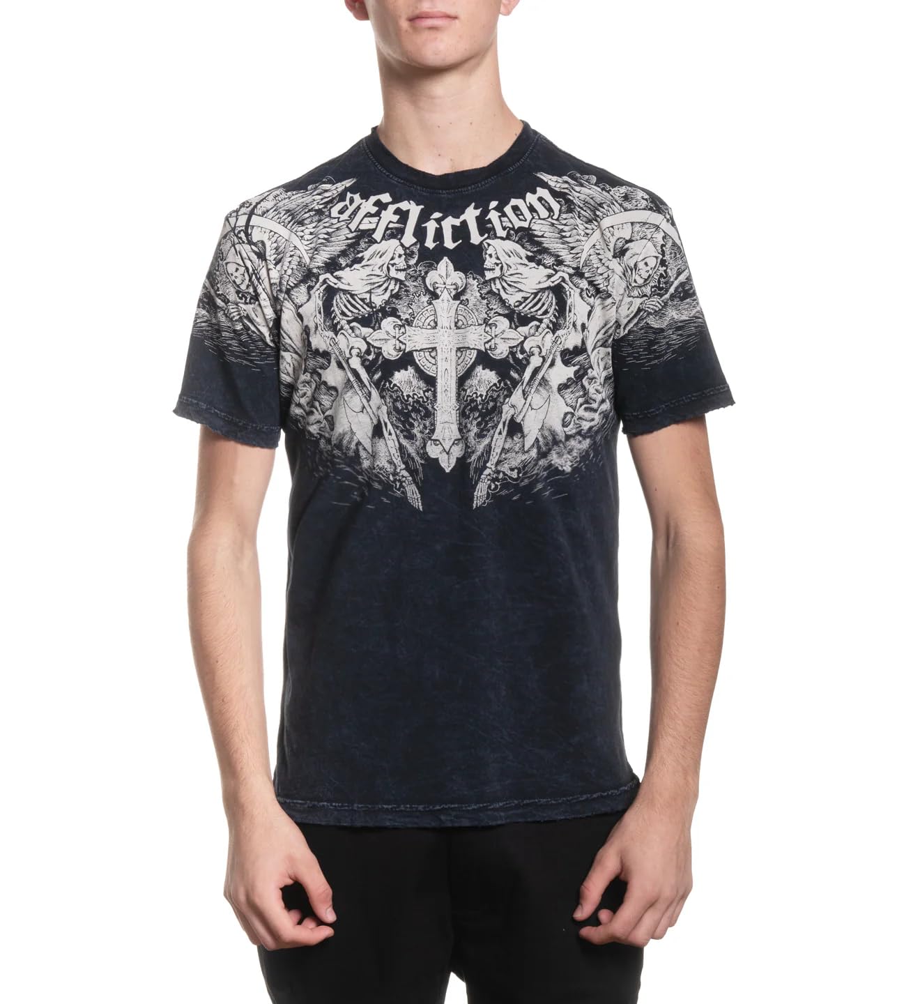 Affliction Men's T-Shirt, Vintage Gothic Cross Vault Design, Short Sleeve Graphic Print, Y2K