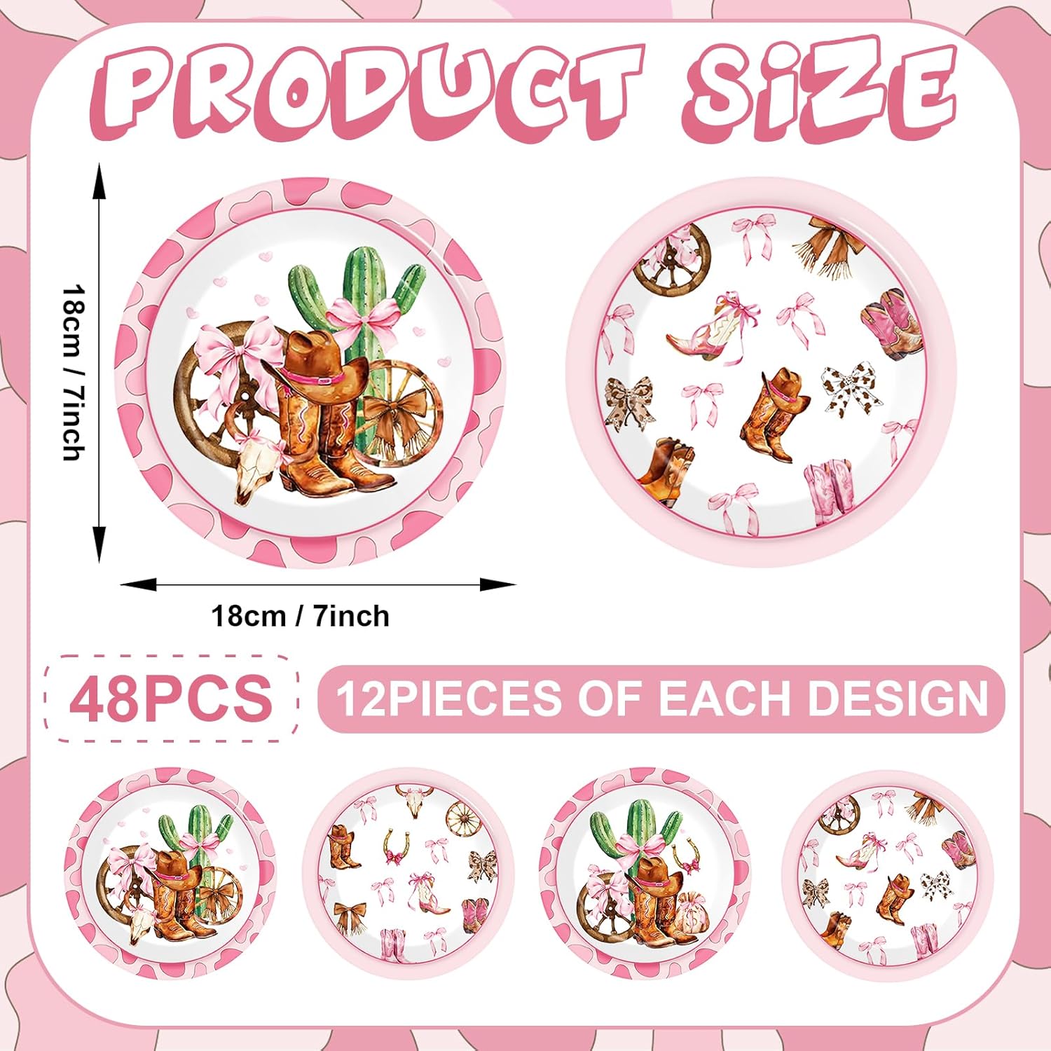 48 Pcs Cowgirls Birthday Party Decorations Coquette Boots and Bows Plates Pink Bow Paper Plate Western Rodeo Tableware Set Bachelorette Party Disposable Plates for Birthday Baby Shower Wedding Decors - Image 2