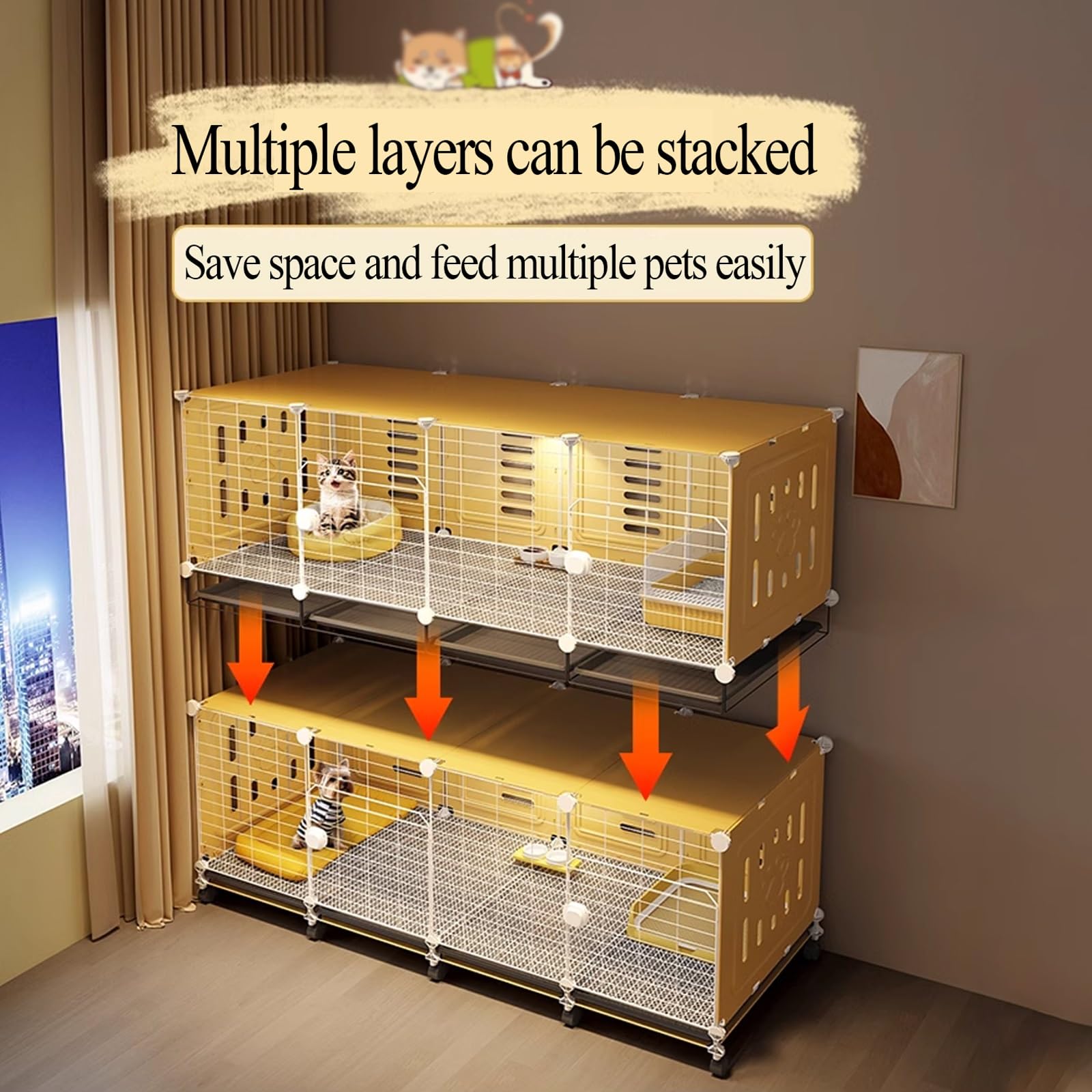Clapier Lapin Exterieur sur roulettes for Petit Espace, Niche Chat Extérieur Hiver avec Dessus for Le Rangement, Cages Empilables for Chats Faciles À Nettoyer(140 * 45 * 112CM)