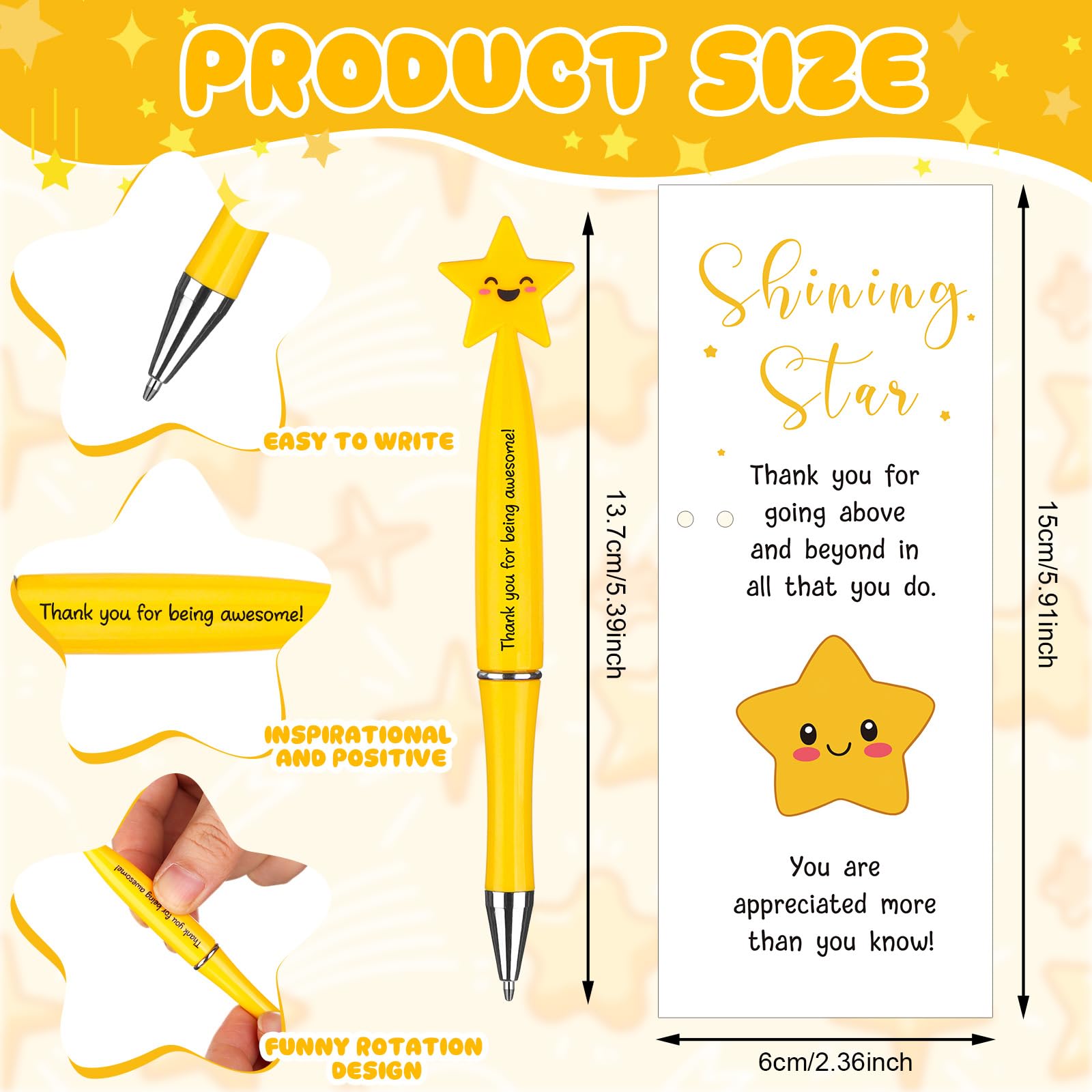 WWmily 36 Pcs Employee Appreciation Gifts Employee of the Month Recognition Favors 12 Sets Inspirational Star Ballpoint Pens Small Yellow Fat Star Keychains Thank You Cards for Coworker Teacher - Image 2