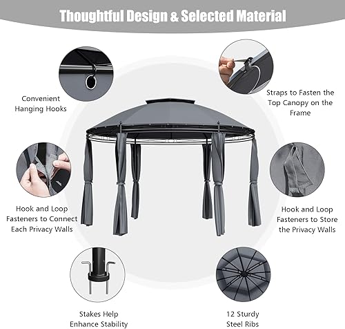Miniatura 6 de Tangkula Cenador redondo para patio, cúpula de 2 niveles con cortinas laterales extraíbles, marco de acero resistente, pabellón al aire libre para