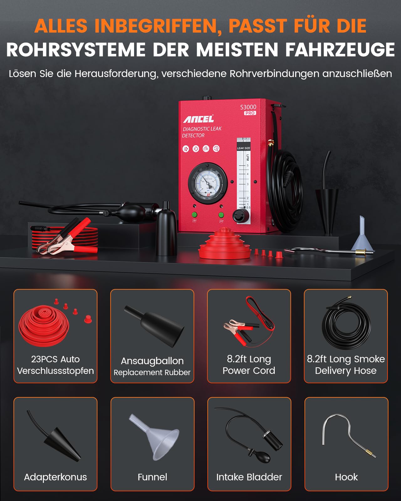 ANCEL S3000PRO KFZ Nebelmaschine mit eingebauter Luftpumpe und Manometer, Auto Rauchmaschine Lecksuchgerät mit Zwei Modi, Professionelle Smoke Leak Detector für Full Autos System Lecks Test