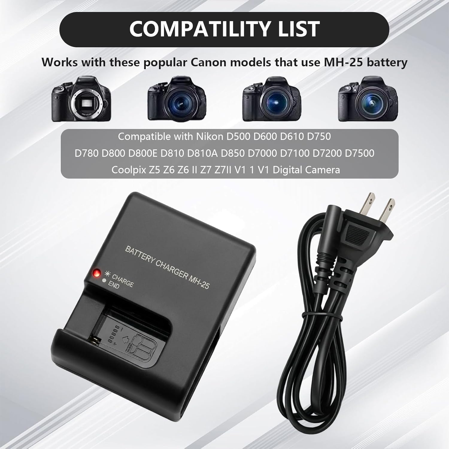MH-25 EN-EL15 EN-EL15a EN-EL15b Battery Charger Compatible for Nikon D500 D600 D610 D750 D780 D800 D810 D810A D850 D7000 D7100 D7200 D7500 Coolpix Z1 Z5 Z6 Z6 II Z6 III Z7 Z7 II Z8 V1 1V1 Cameras