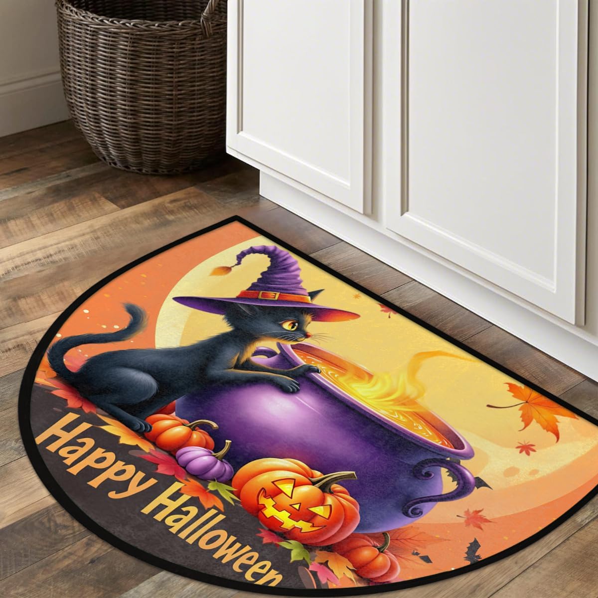 cfpolar Half Round Door Mat Halloween Black Cat Crucible Non-Slip Semi Circle Area Rug Washable Semi Circle Floor Rug for Indoor Outdoor Living Room Bathroom Kitchen Patio Hearth Rugs Home Decoration