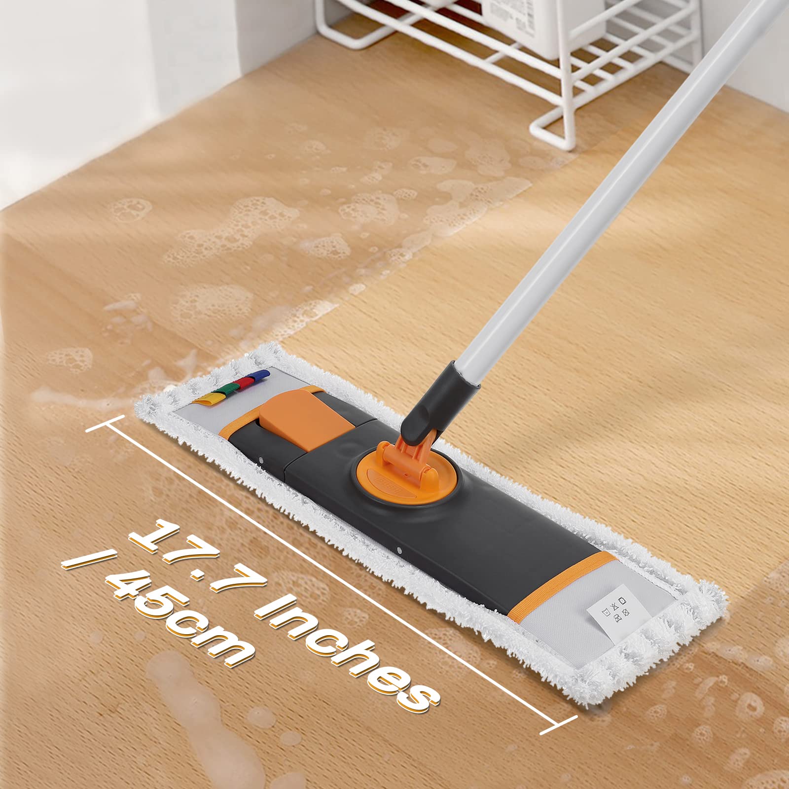 ROTRES Balai Plat Microfibre Avec Essorage Intégré, Balai Serpillère 133 Cm Avec Poignée En Acier INOX Et 5 Tampons En Microfibre, Rotative 360° Pour Nettoyage Des Sols Bois Dur, Carrelage, Stratifié