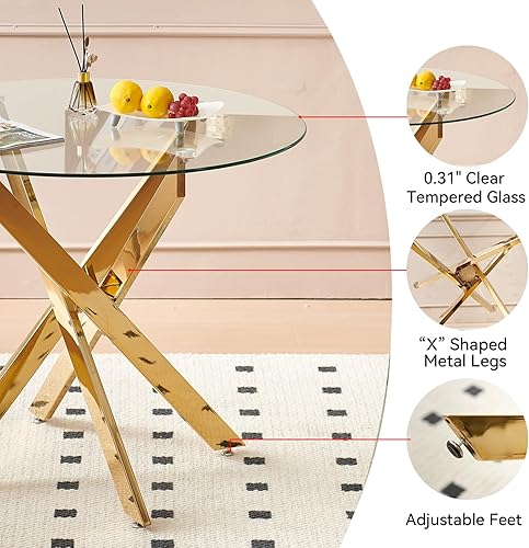 Vista 4 de Juego de mesa de comedor de cristal dorado moderno de 36 pulgadas para 4, juego de mesa redonda de comedor de cocina de 5 piezas con patas cruzadas