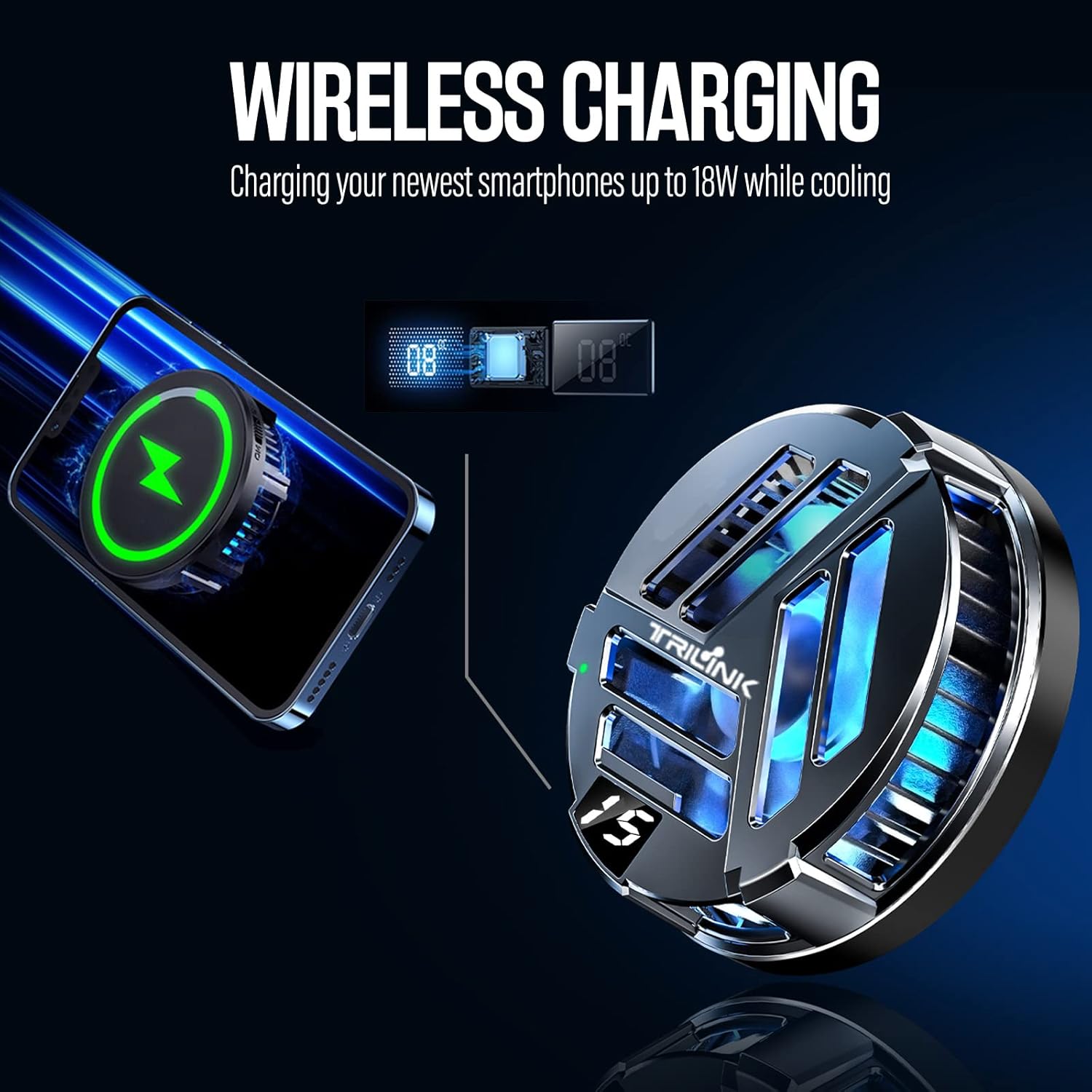 Magnetic Phone Cooler with Wireless Charging, Phone Cooling Fan for iPhone/Android/iPad/Tablet - Phone Radiator for Gaming, Compatible with iPhone 12/13 MagSafe -RGB LEDs - Universal Clamp