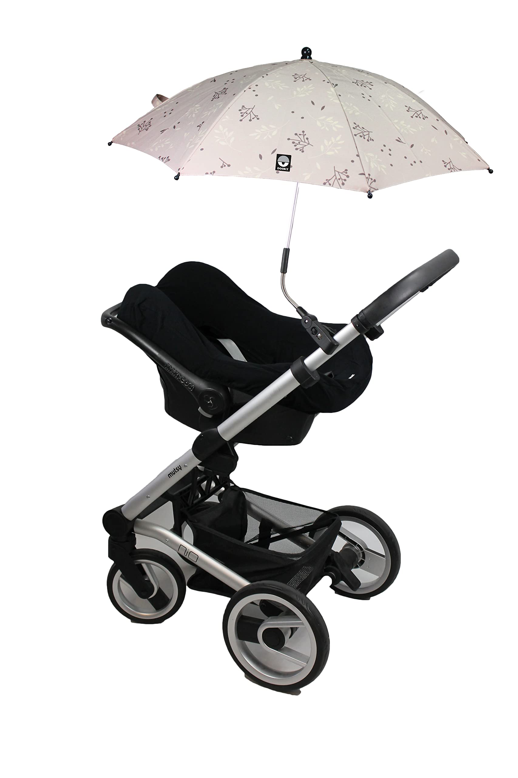 Dooky Ombrellone per carrozzina/passeggino/passeggino, protezione UV UPF 50+, flessibilità 180 gradi con tecnologia Duo Flex, antivento e impermeabile, 100% poliestere, portata 76 cm, beige foglie