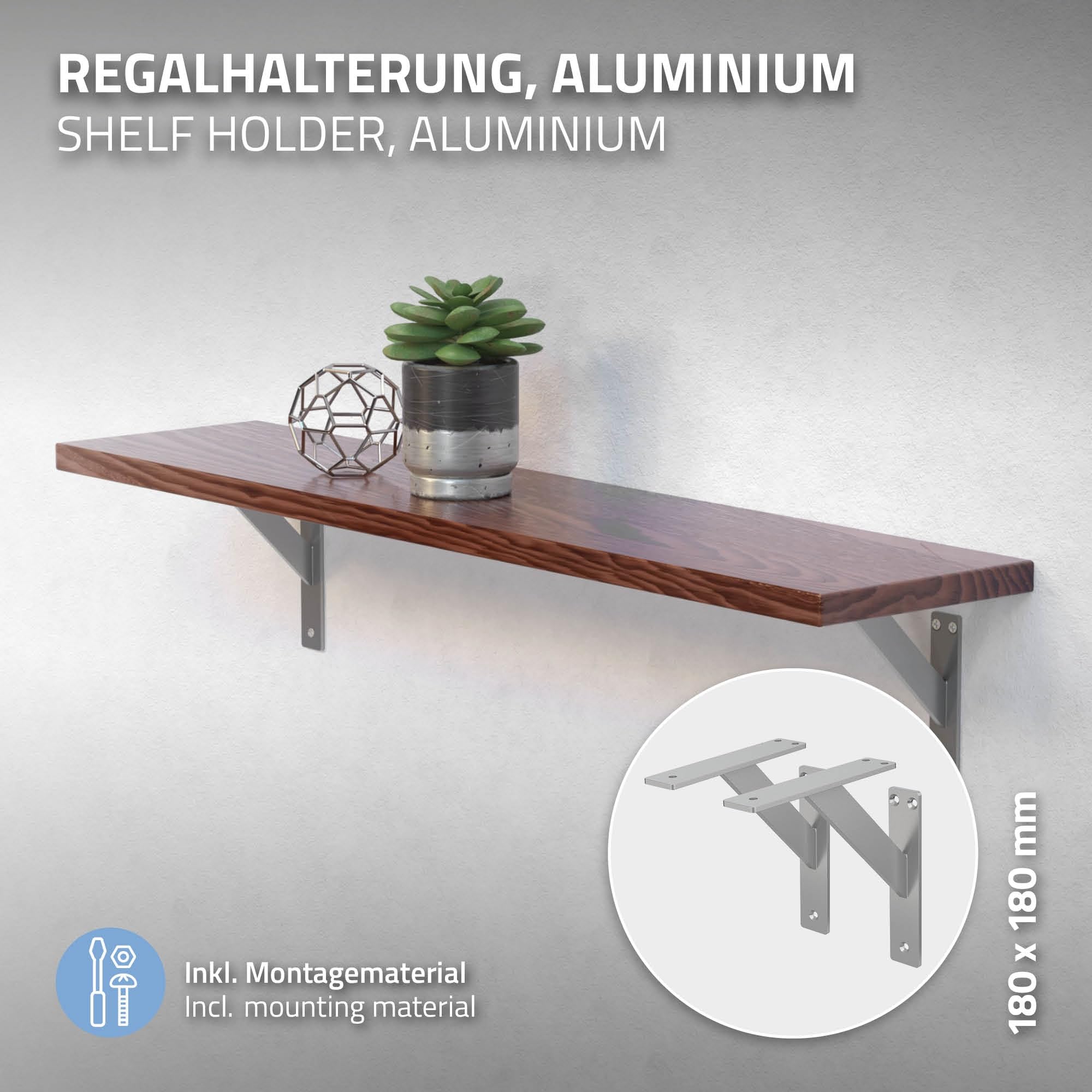 ML-Design 4 Pièces Support d'Étagère, 180 x 180 mm, Argent, en Aluminium, Robuste, Style Industriel, Support Mural pour Étagère Console Murale Projets de Bricolage, Matériel de Montage Inclus