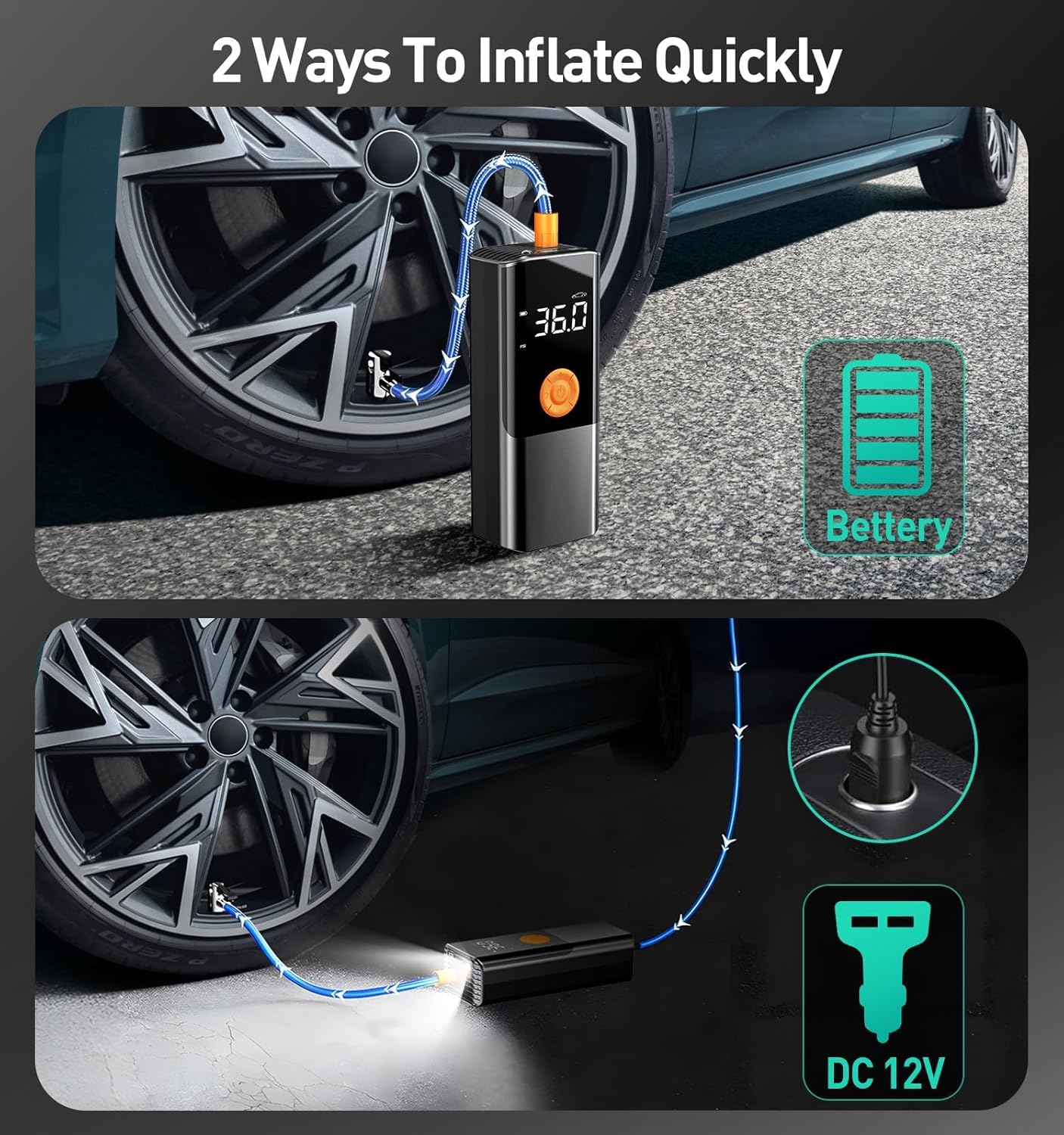 Tire Inflator Portable Air Compressor Air Pump for Car Tires with LED Light Cordless Tire Pump with Pressure — view 6