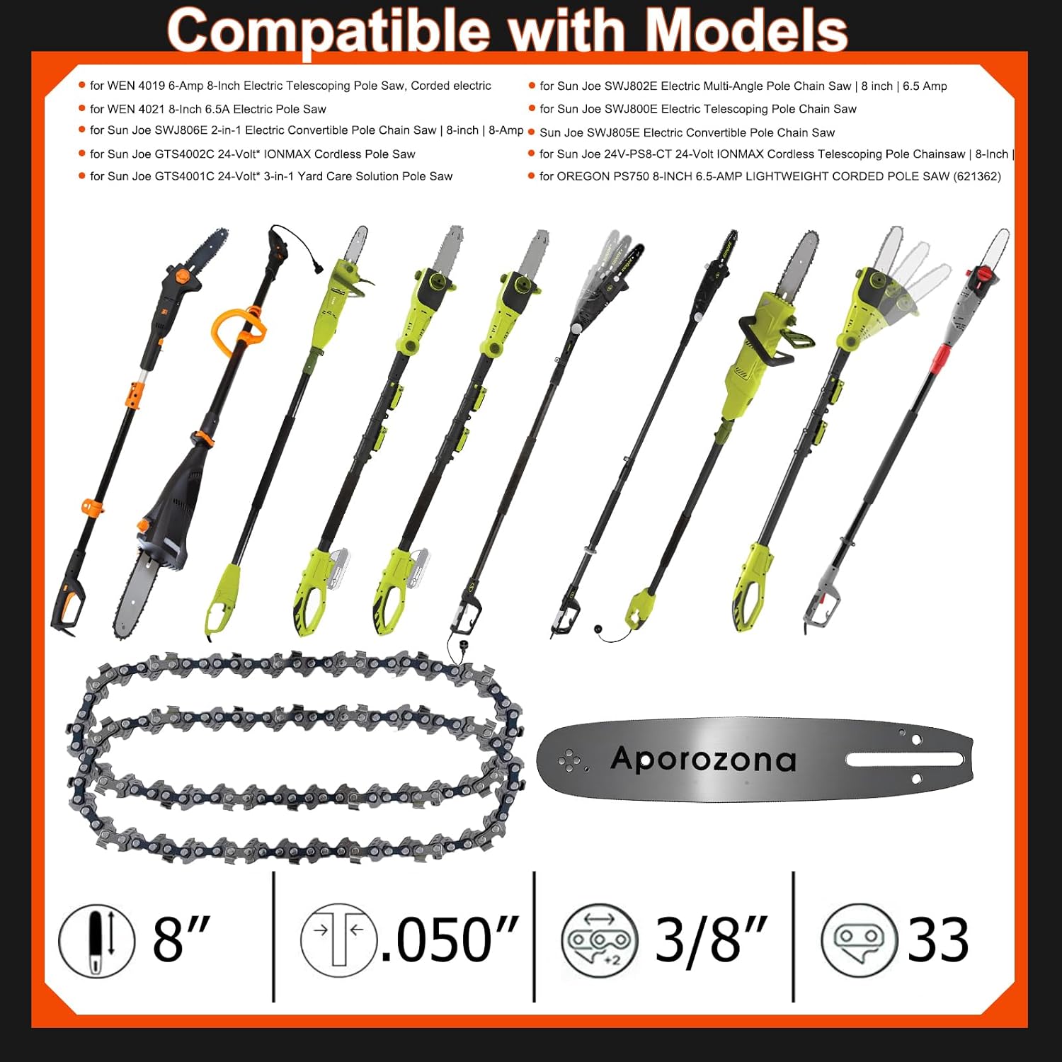 8 Inch Chainsaw Chain and Bar Combo, Replacement Chainsaw Blade For Wen 4019 4021, For Sun Joe SWJ806E GTS4002C GTS4001C SWJ802E SWJ800E SWJ805E 24V-PS8-CT, For Oregon PS750, (3/8 050 33DL 3Pcs)