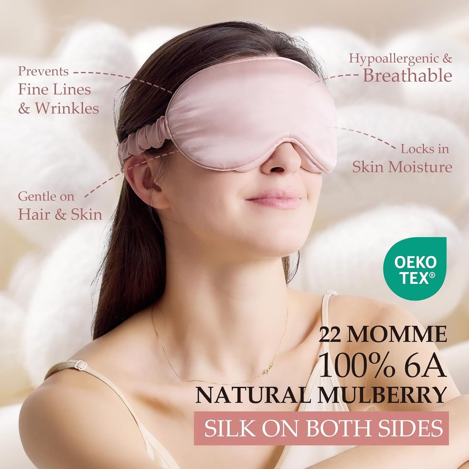 100% 22 Momme Mulberry Silk Sleep Mask with Adjustable Strap, 3D Contoured Cup Silk Eye Mask for Sleeping, Total Black Out, Pink - Image 5