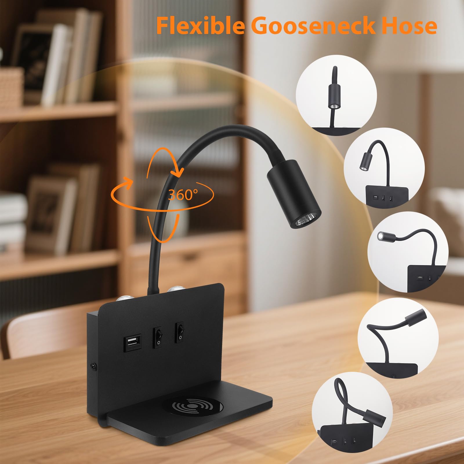 Lampada da parete per comodino con porta di ricarica USB e Caricatore Wireless, lampada da lettura 3W + 9W 3000K, Faretto Regolabile Luce Ambientale per Camera da Letto(2)